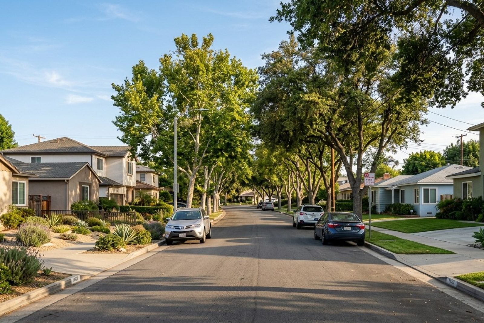 Photorealistic DSLR photograph of a tree-lined residential street in a coastal California suburb with mid-century ranch homes and modern stucco single-family rentals under afternoon sunlight
