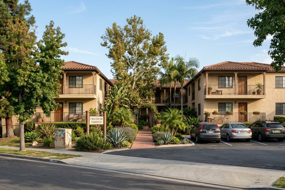 Photorealistic DSLR photograph of a two-story garden-style apartment complex on a tree-lined suburban California street with resident parking and landscaped walkways