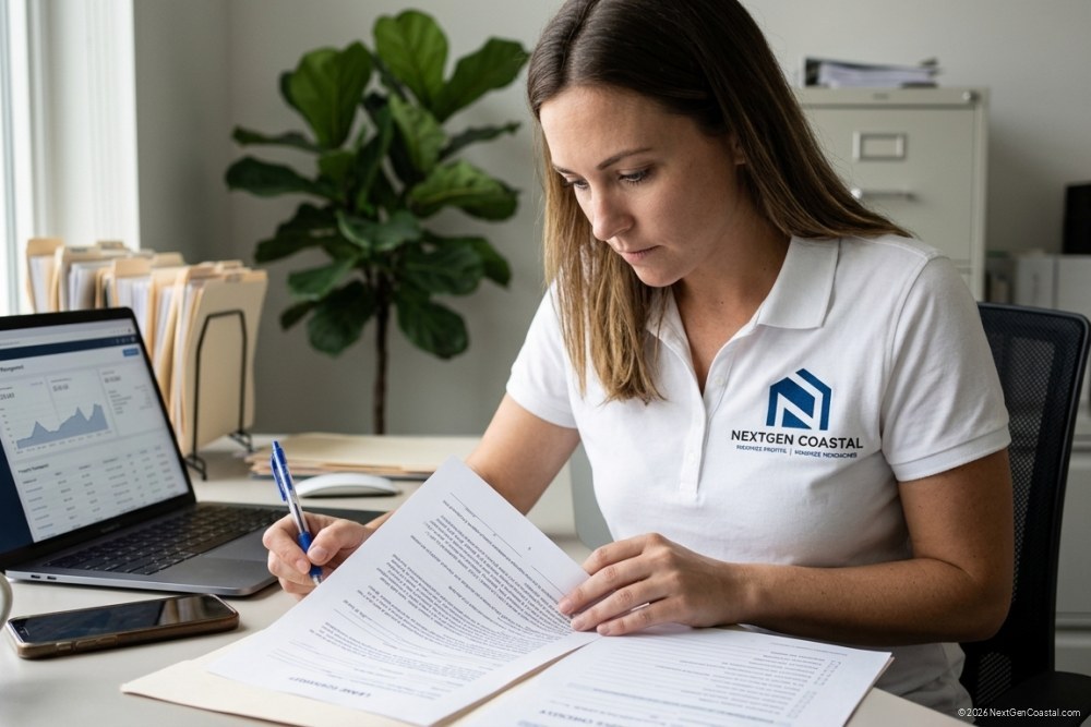 NextGen Coastal property manager in white polo shirt seated at desk reviewing lease documents and compliance checklist under natural office lighting