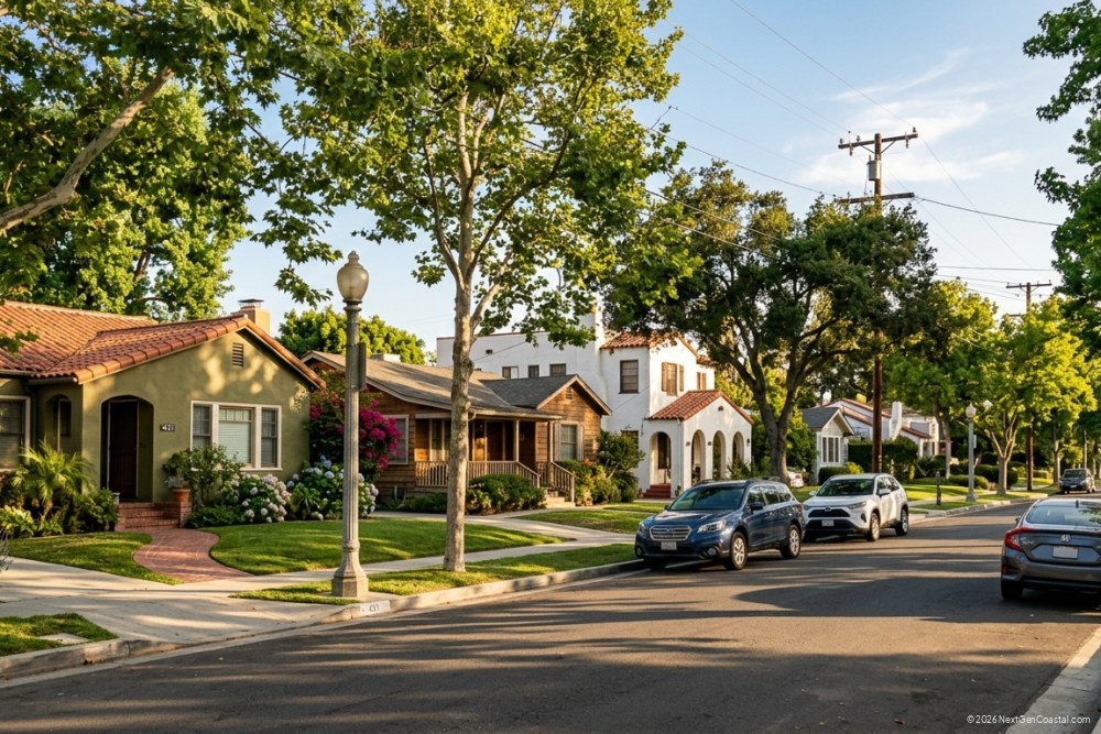Photorealistic DSLR photograph of a quiet residential neighborhood with single-family homes, mature street trees, and parked cars under afternoon sunlight