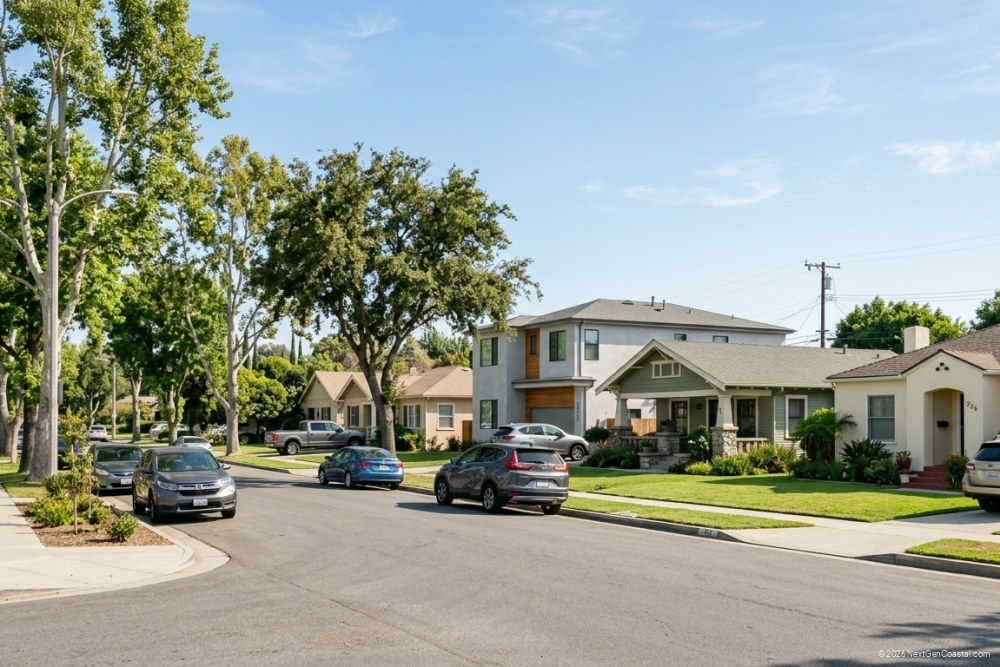 Wide-angle view of a quiet suburban California street with single-family rental homes, mature trees, and parked cars under clear afternoon sky