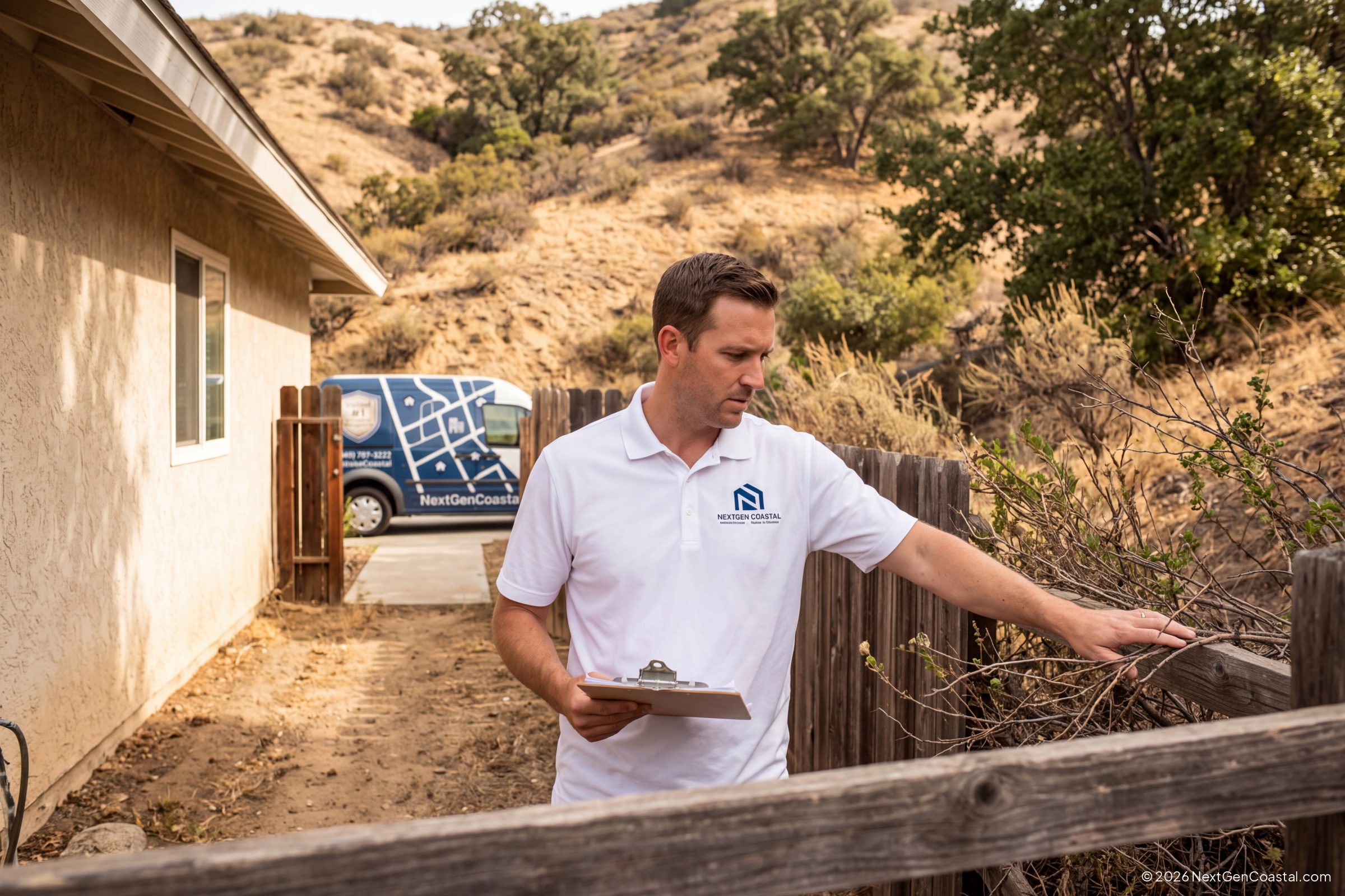NextGen Coastal property manager inspecting brush clearance at a canyon rental home in Southern California