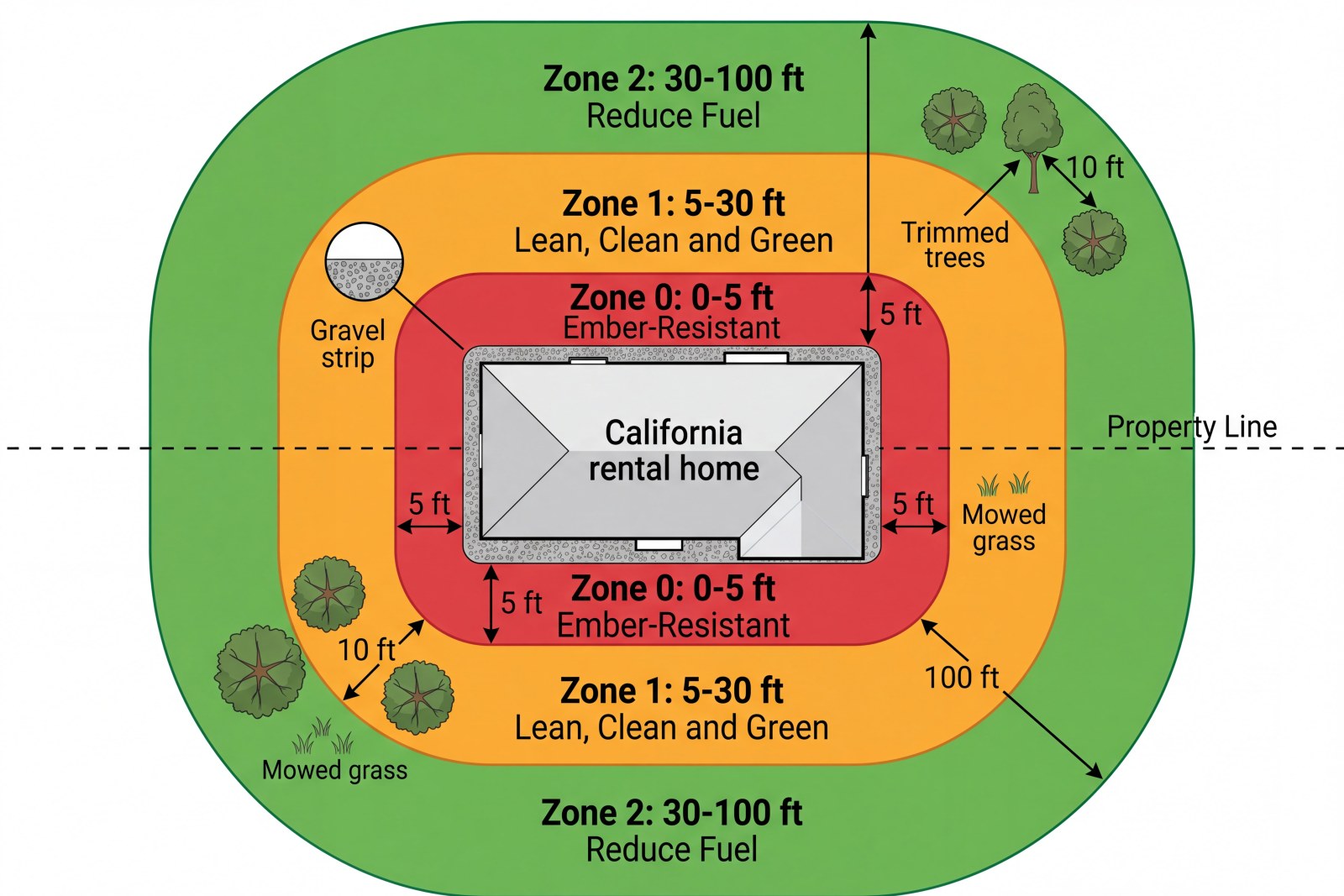 Defensible space diagram showing Zone 0, Zone 1 and Zone 2 around a California rental home