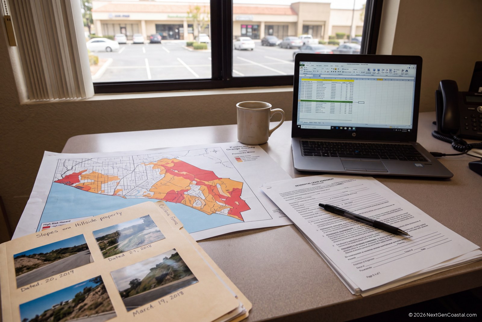 Fire Hazard Severity Zone parcel map and single-family lease on a property manager desk