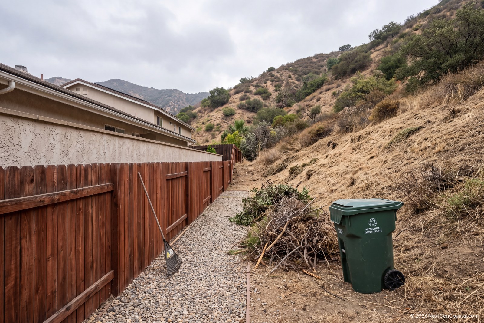 Cleared back slope behind a Los Angeles hillside rental with gravel Zone 0 strip and cut brush ready for chipping