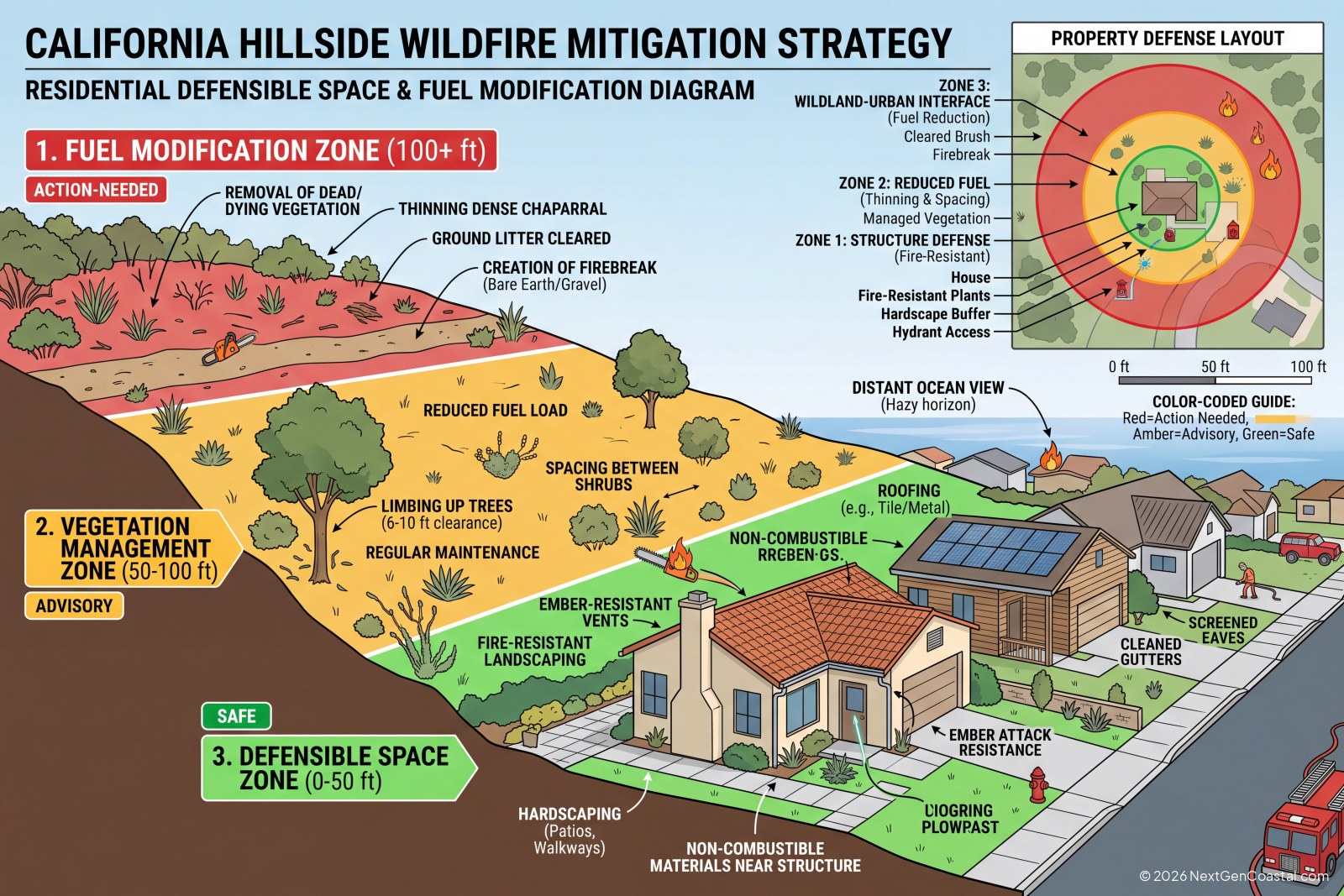 Hillside rental homes in coastal Orange County with thinned chaparral firebreak on the slope behind them