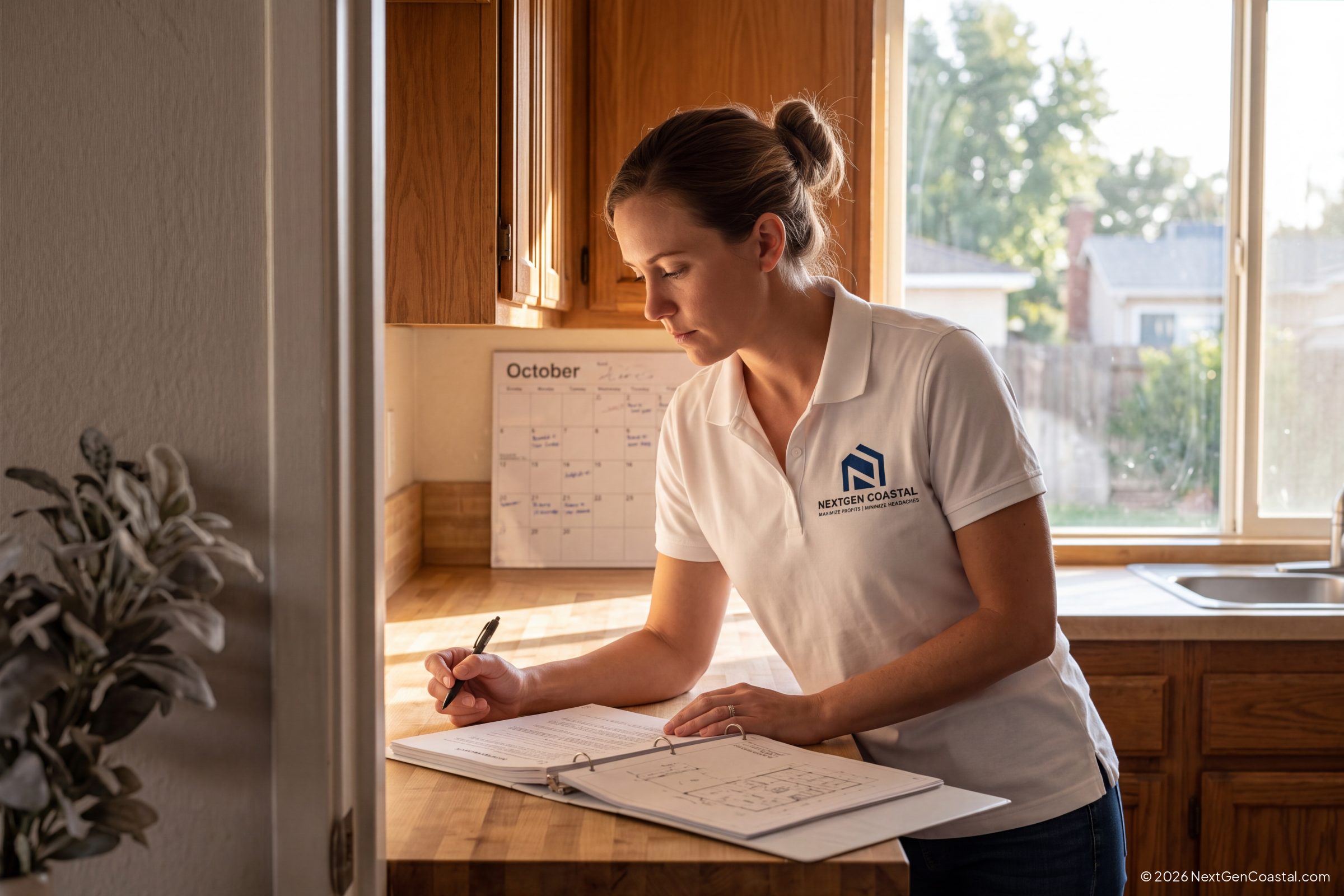 Property manager reviewing a lease and calendar inside an inland Southern California rental home