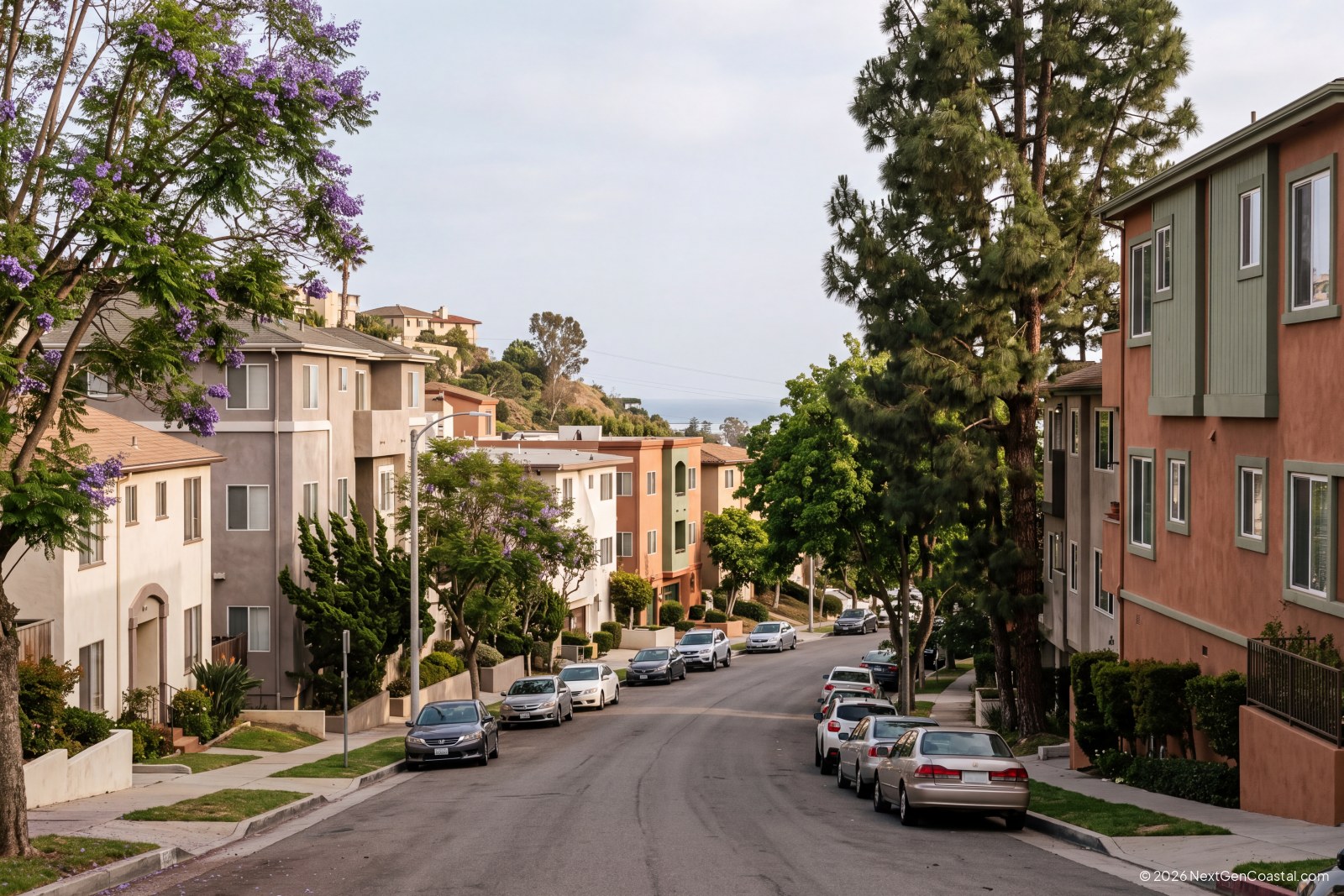 Hillside neighborhood rental homes a few miles inland with a distant ocean glimpse