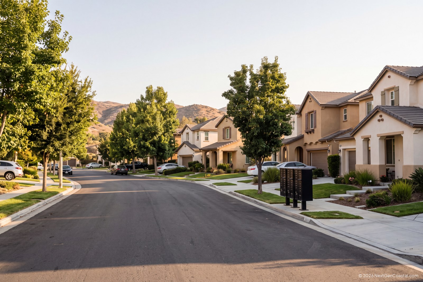 Tree-lined cul-de-sac of single-family rental homes in an inland Southern California suburb