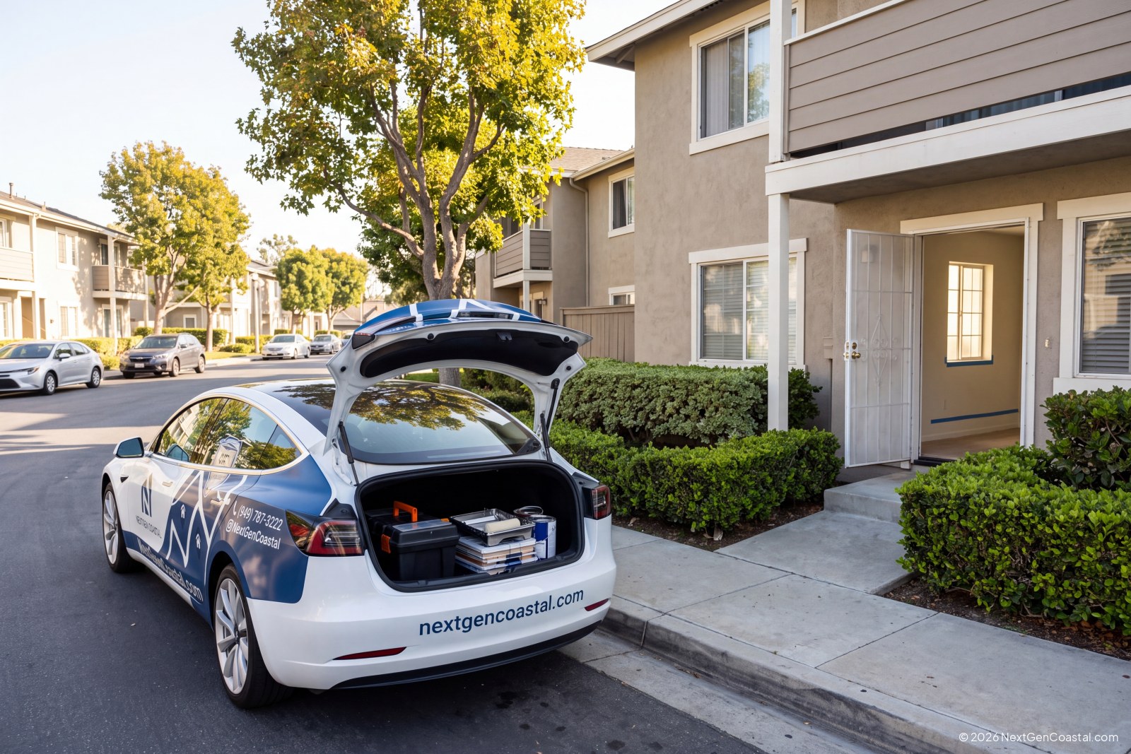 NextGen Coastal service van parked at a garden-style apartment complex during a unit turnover