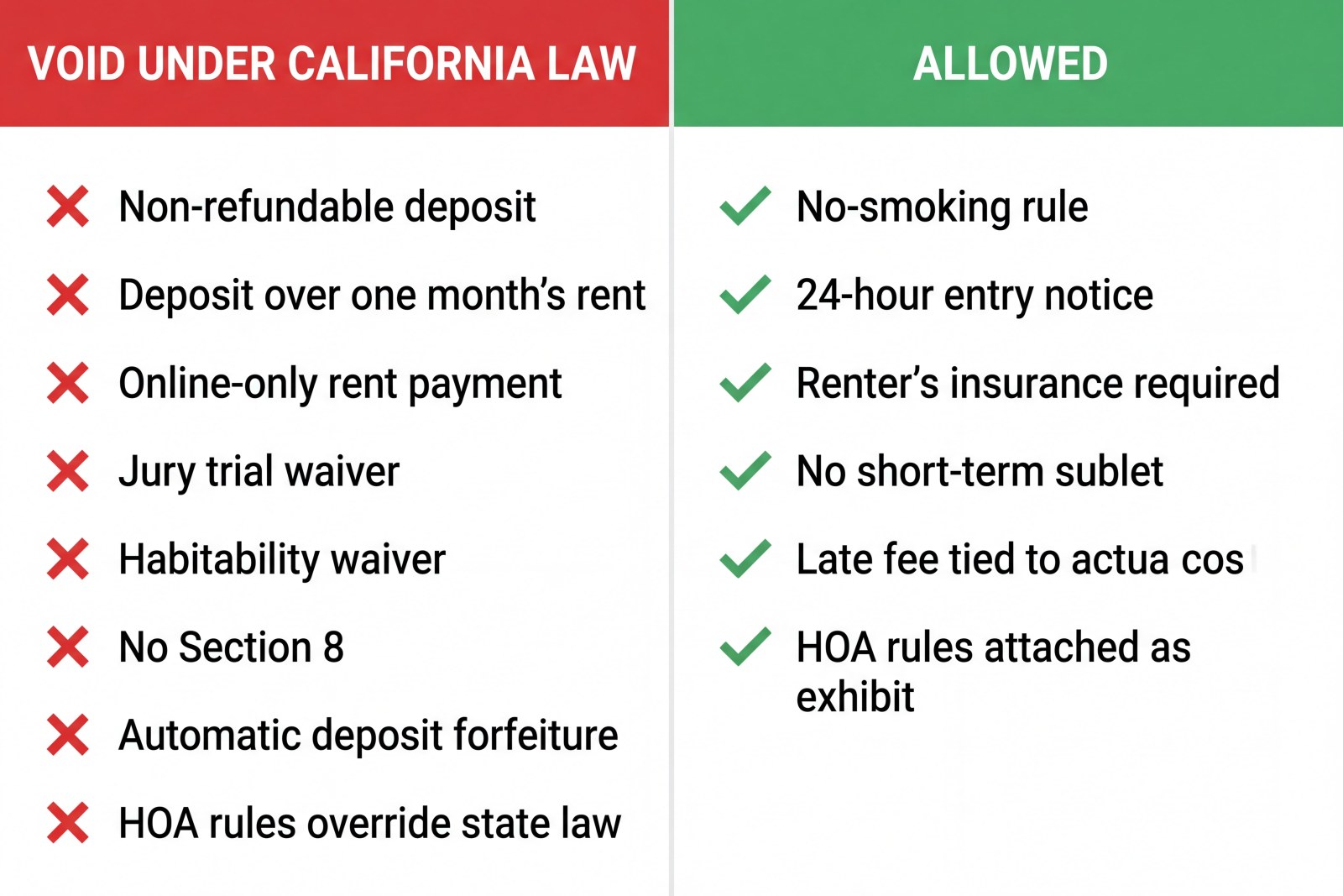 Diagram sorting common California lease clauses into void and allowed columns