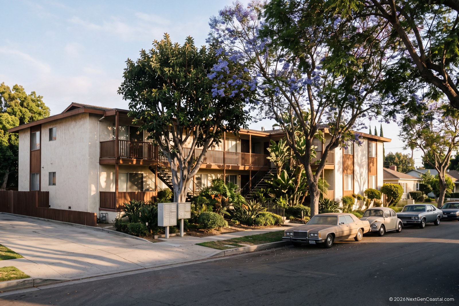 Garden-style apartment complex on a tree-lined Costa Mesa residential street