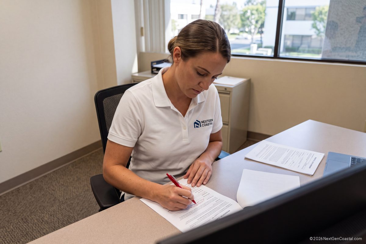 Property manager reviewing a residential lease at a Costa Mesa office desk