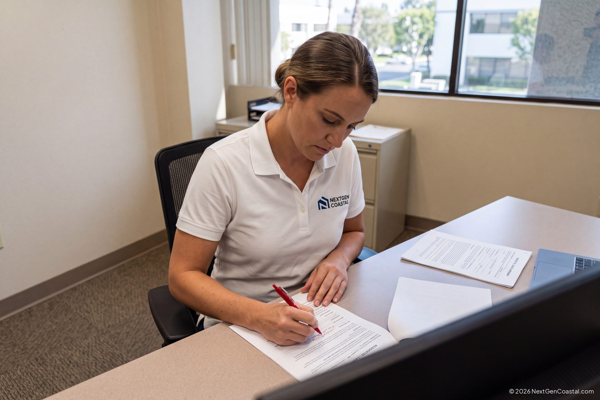 Property manager reviewing a residential lease at a Costa Mesa office desk