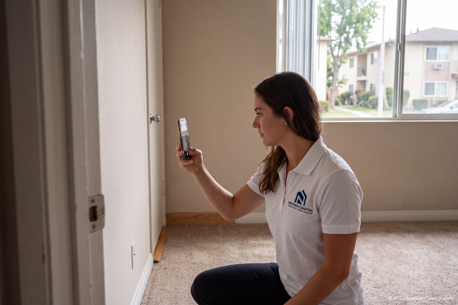 Property manager photographing apartment condition at move-in for California deposit compliance