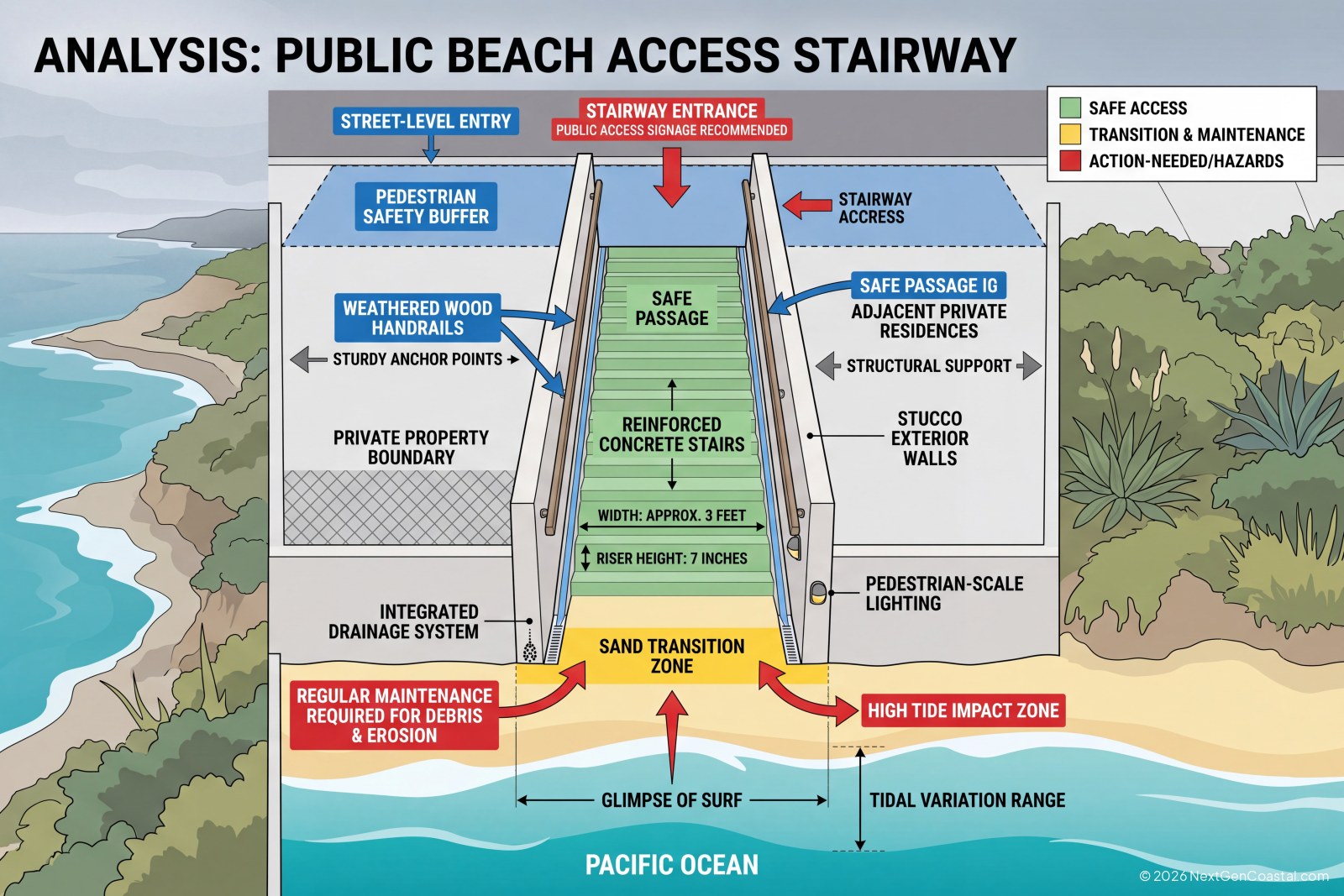 Public beach access stairway running between two oceanfront homes in Southern California
