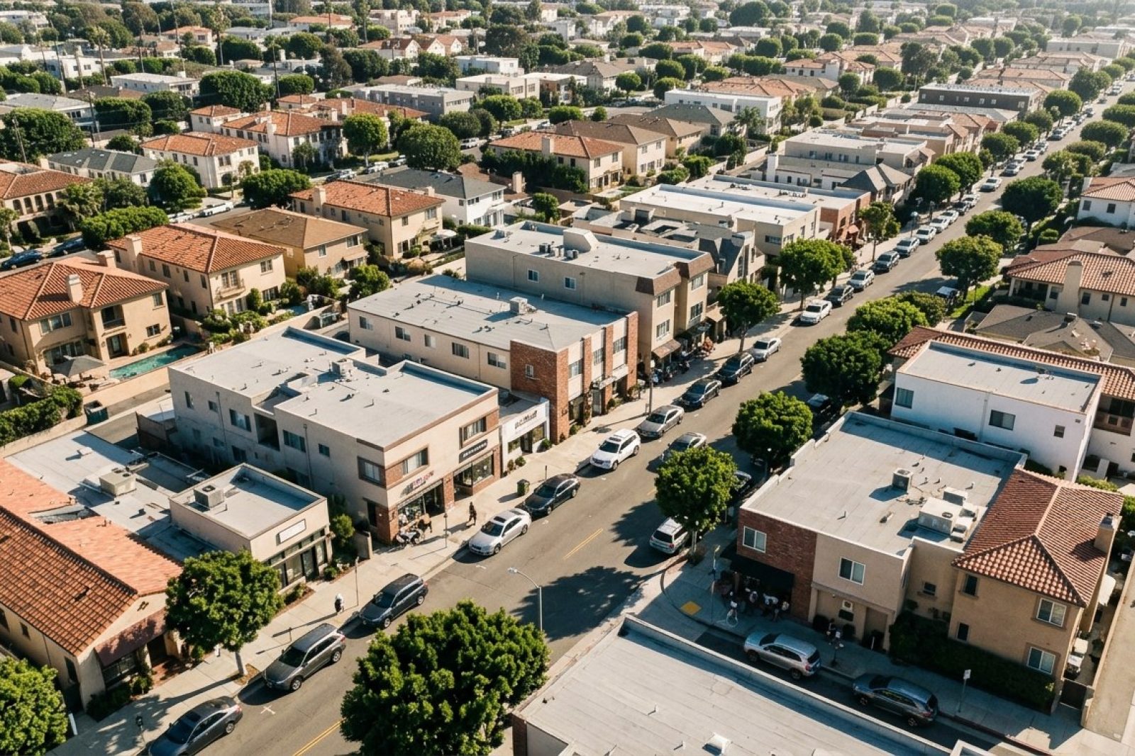 Photorealistic aerial view of Manhattan Beach residential neighborhood showing mix of single-family homes and low-rise mixed-use buildings three blocks inland from the coast under afternoon sun