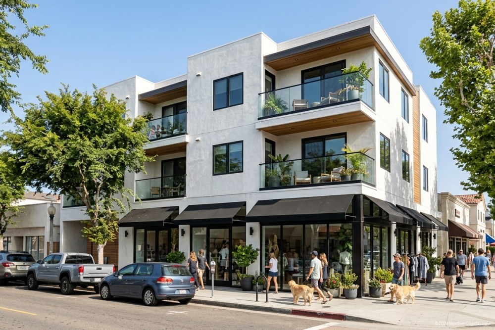 Photorealistic street-level view of a three-story mixed-use building in downtown Manhattan Beach with ground-floor retail and upper residential units
