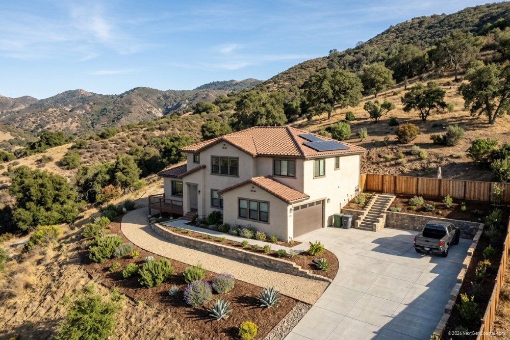 Hillside California single-family home with cleared defensible space zones and native landscaping