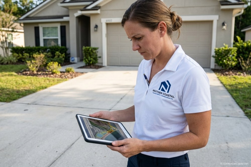 NextGen Coastal property manager in white polo reviewing natural hazard zone map on tablet while standing in residential driveway