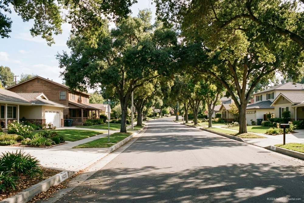 Tree-lined residential street in suburban California with single-family homes and mature oak trees under afternoon sun