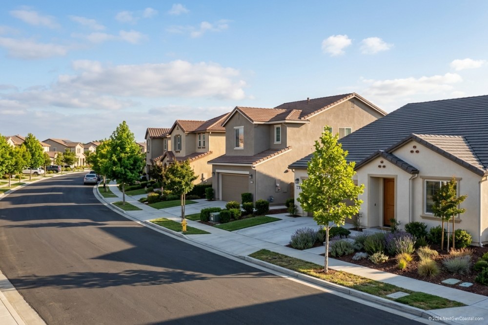 Suburban California residential neighborhood with modern single-family homes, landscaped yards, and clear afternoon sky