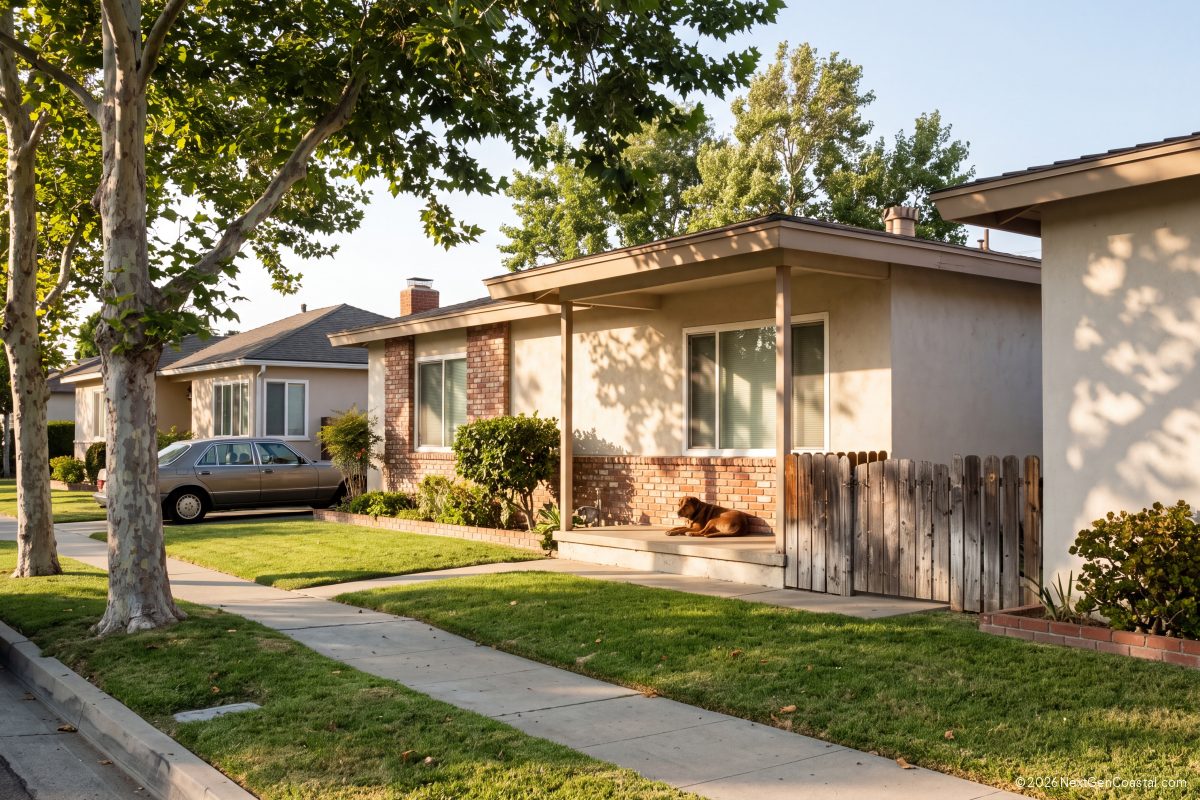 Single-story ranch rental home with a dog on the porch on a tree-lined inland Orange County street
