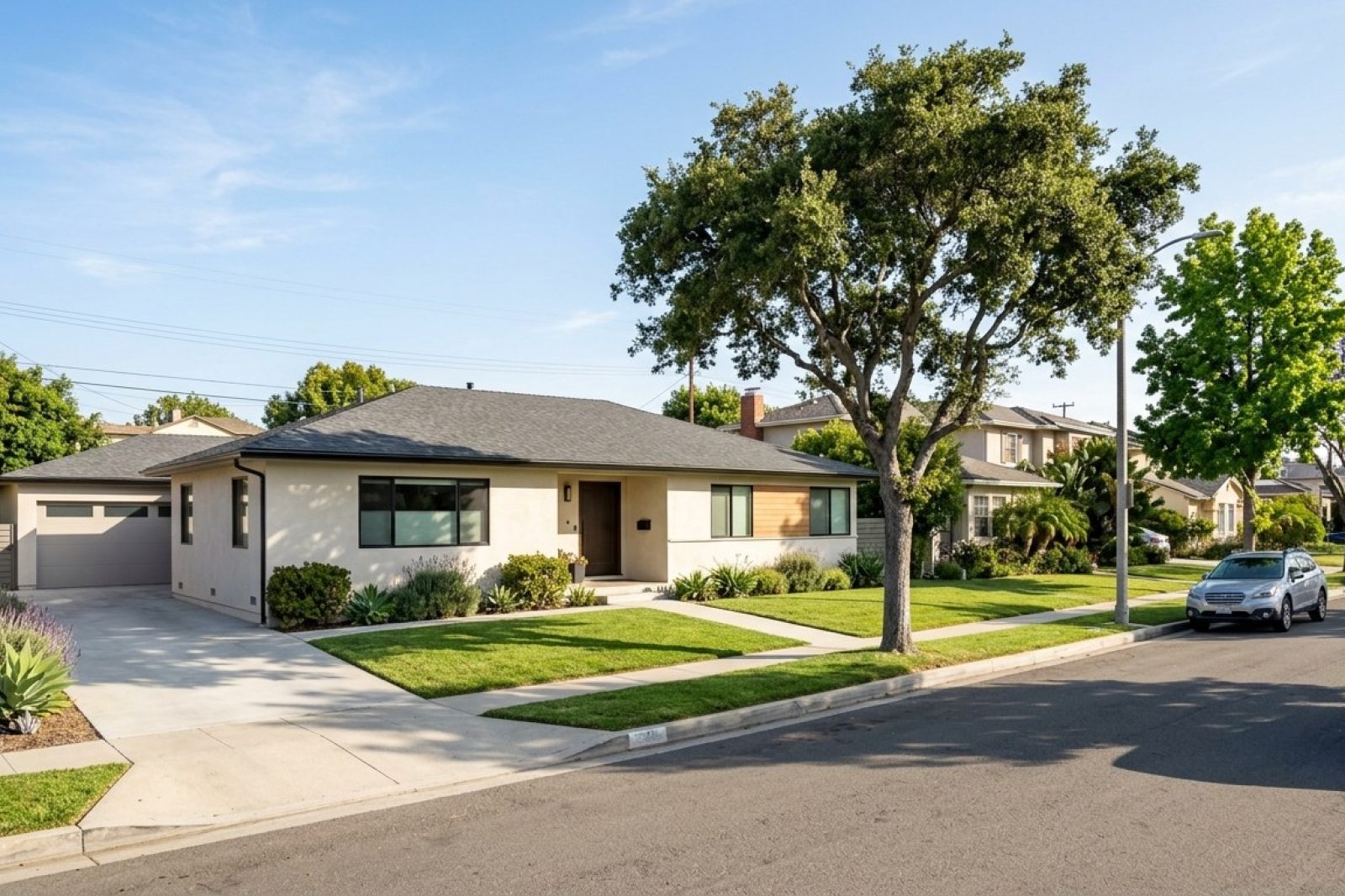 Photorealistic DSLR photograph of a modern single-family rental home on a tree-lined residential street in suburban Orange County California, mid-century ranch architecture with stucco exterior and manicured front lawn, no people, bright afternoon sunlight, no visible ocean or beach