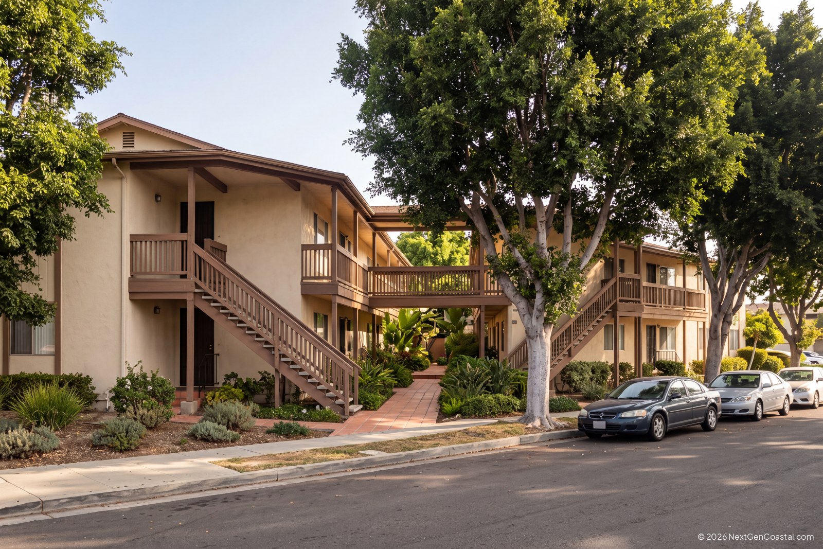 Garden-style apartment complex on a residential street in inland Orange County