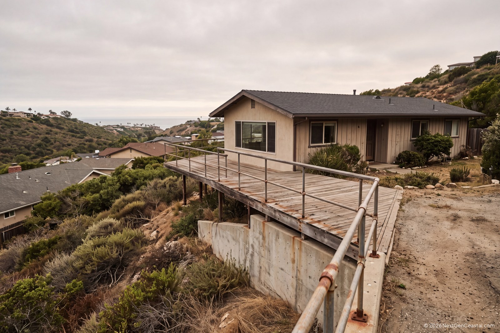 Hillside rental home in Encinitas with a distant ocean glimpse and wooden deck