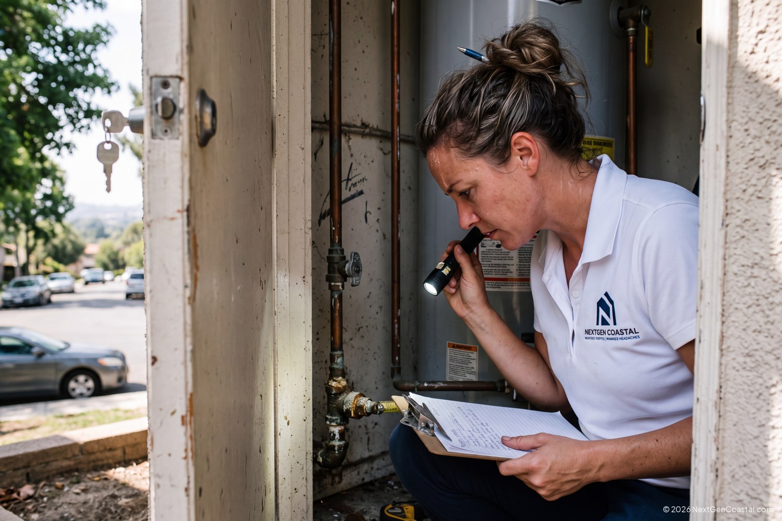 NextGen Coastal technician inspecting a water heater in a Tustin rental utility closet