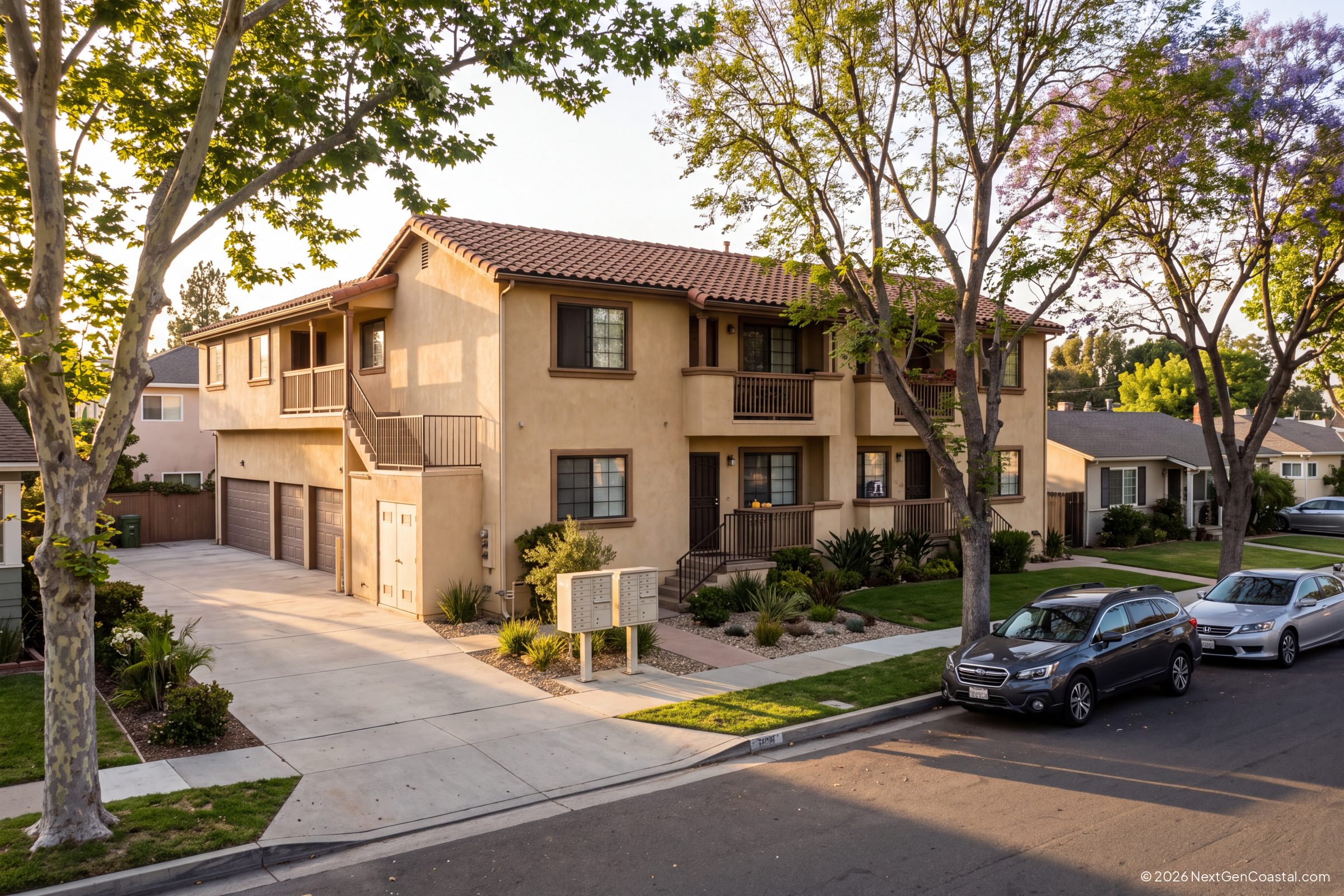 Two-story stucco fourplex rental on a tree-lined residential street in Tustin, Orange County