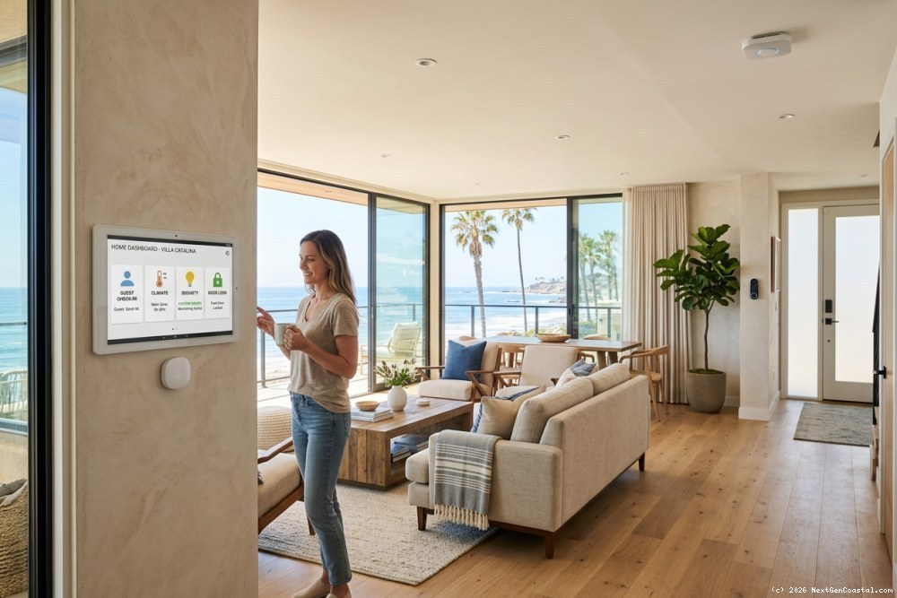 Modern Orange County coastal rental property showing integrated smart home technology including tablet control panel, IoT