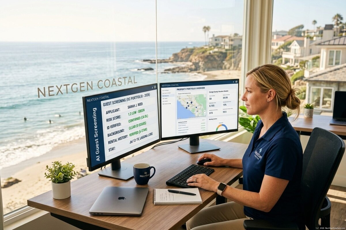 Modern coastal property management office in Orange County with large windows overlooking the Pacific Ocean, property