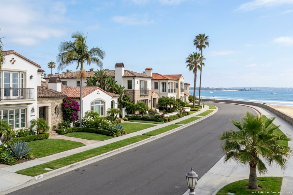 Coronado beachfront residential street with well-maintained homes and manicured landscaping near Naval Base Coronado