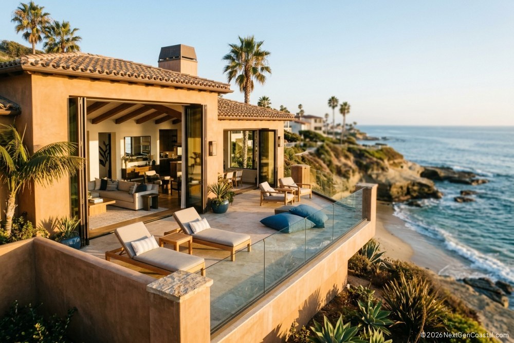 Modern luxury beachfront home in La Jolla with floor-to-ceiling windows overlooking the Pacific Ocean and contemporary architectural design