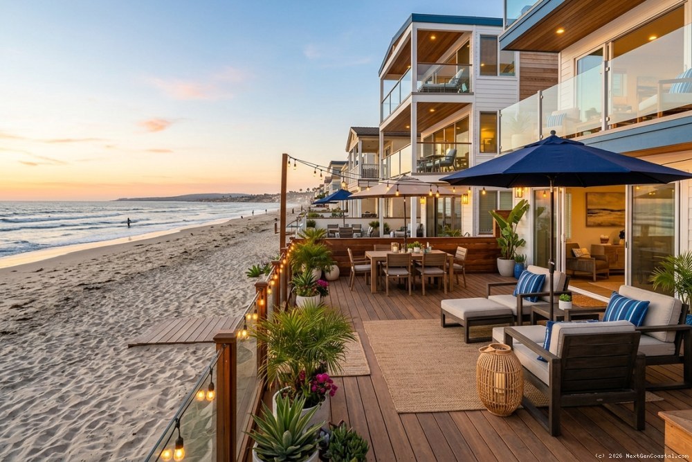 Beachfront vacation rental property in Mission Beach with outdoor patio, modern furnishings, and direct beach access