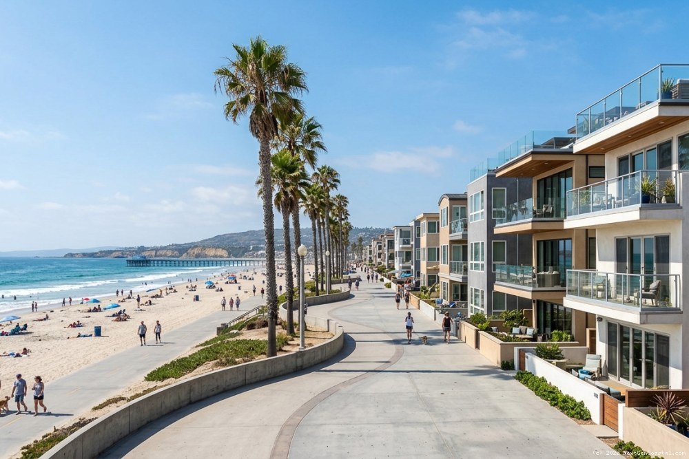 Pacific Beach oceanfront boardwalk with modern residential buildings and palm trees along the coastal path