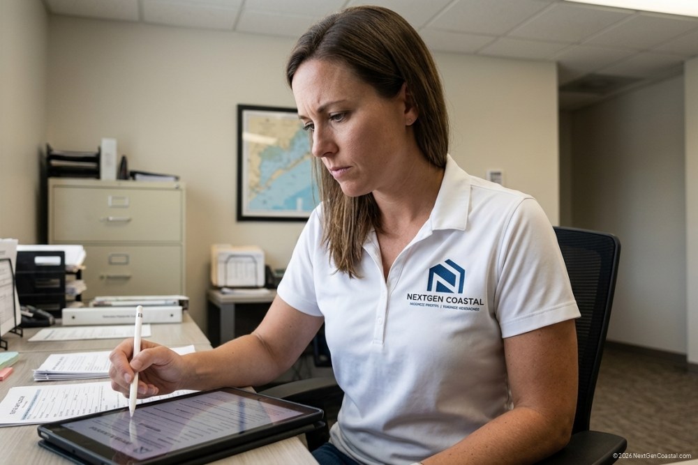 NextGen Coastal property manager at desk reviewing rental application documents on tablet, white polo with logo