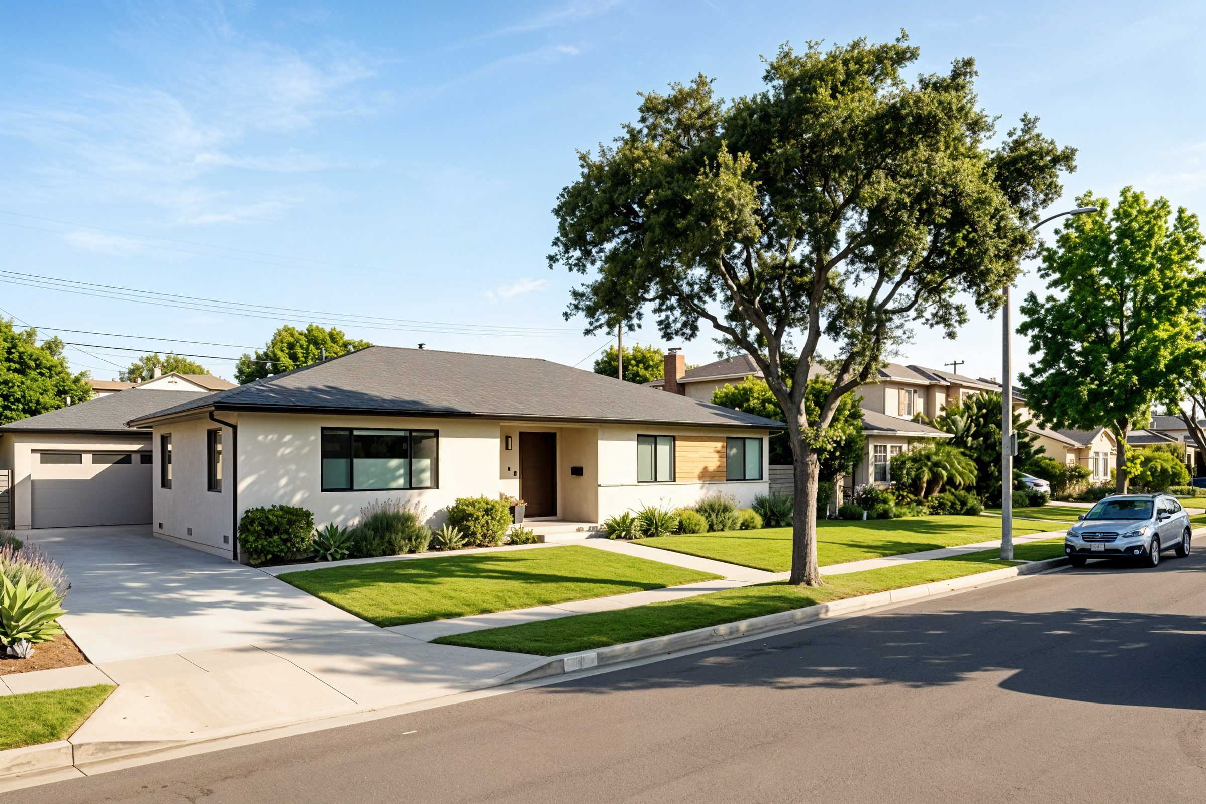 Modern single-family rental home on a tree-lined residential street in suburban Orange County California, mid-century