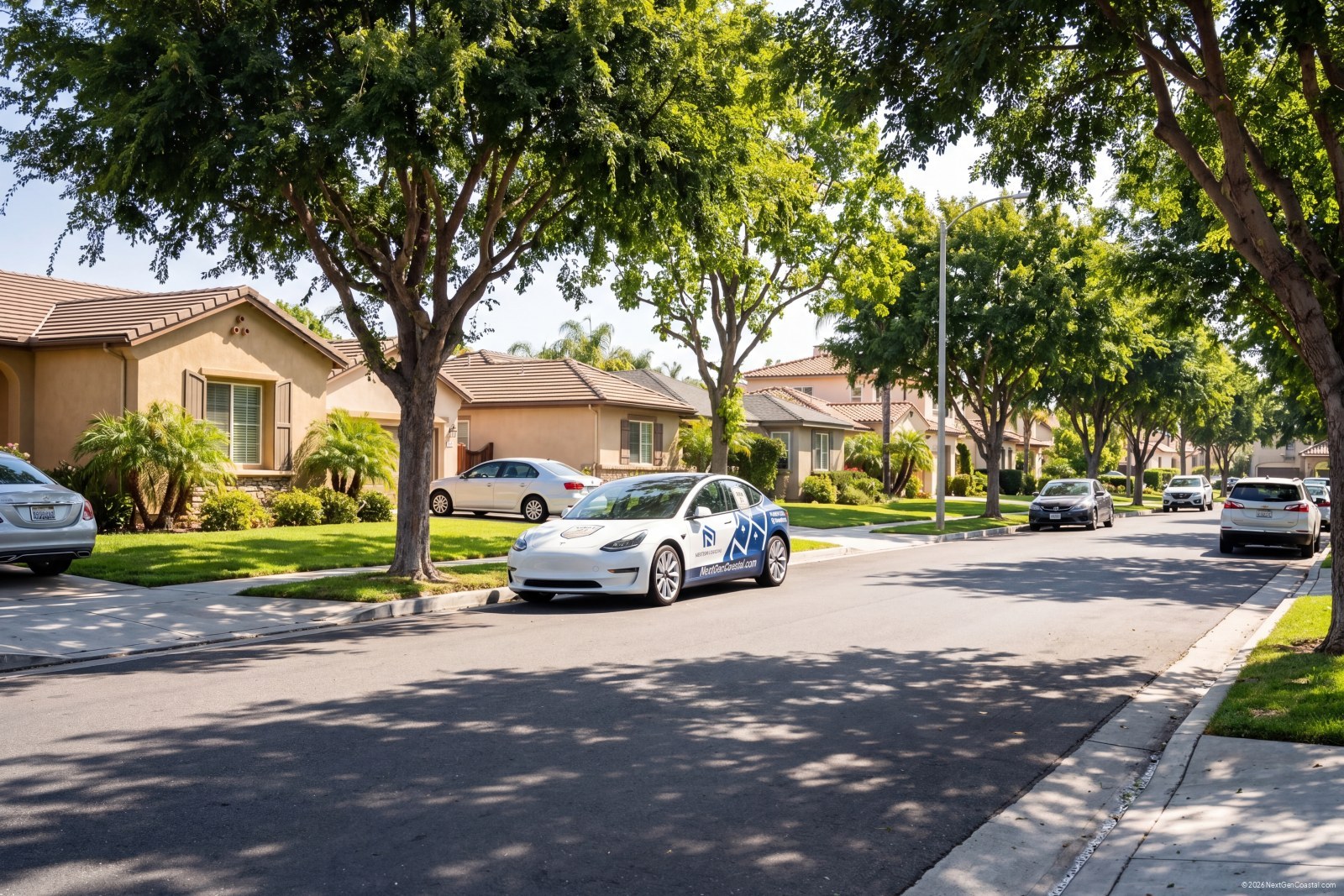 Tree-lined suburban Orange County street with single-family homes