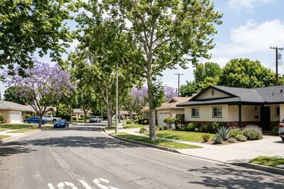 Tree-lined inland Orange County street with mid-century ranch homes
