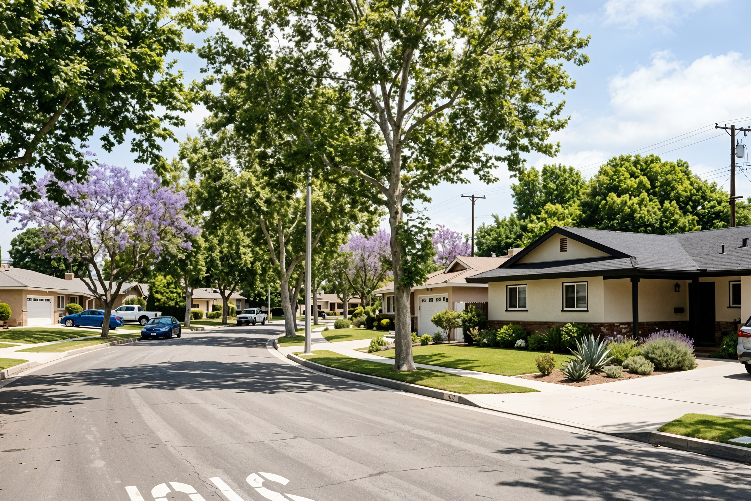 Tree-lined inland Orange County street with mid-century ranch homes