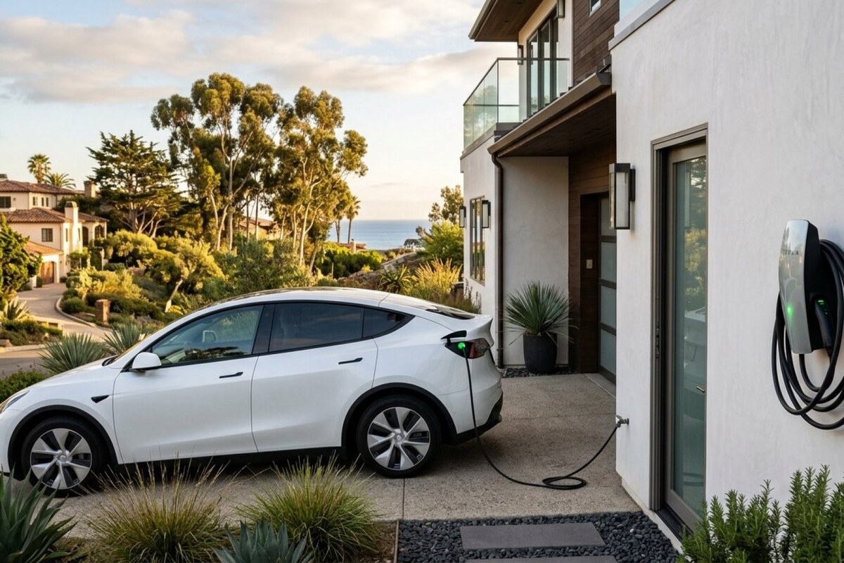 Modern Level 2 EV charger mounted on the exterior wall of a contemporary coastal California single-family home, white