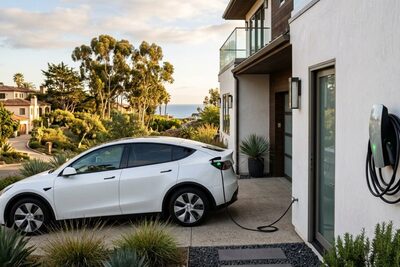 Modern Level 2 EV charger mounted on the exterior wall of a contemporary coastal California single-family home, white