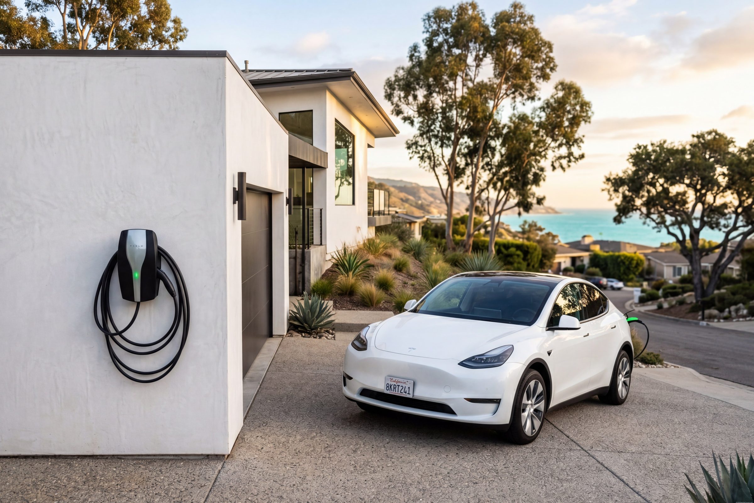 Modern Level 2 EV charger mounted on the exterior wall of a contemporary coastal California single-family home, white