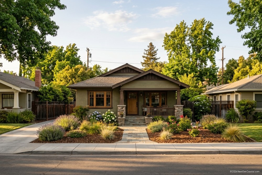Photorealistic DSLR photograph of a well-maintained California residential neighborhood with vacation rental home, tree-lined street, no ocean visible
