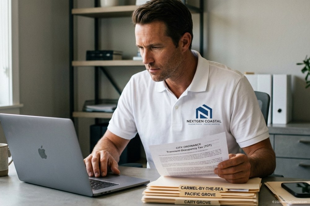 NextGen Coastal property manager at desk reviewing TOT compliance spreadsheet and city ordinance documents