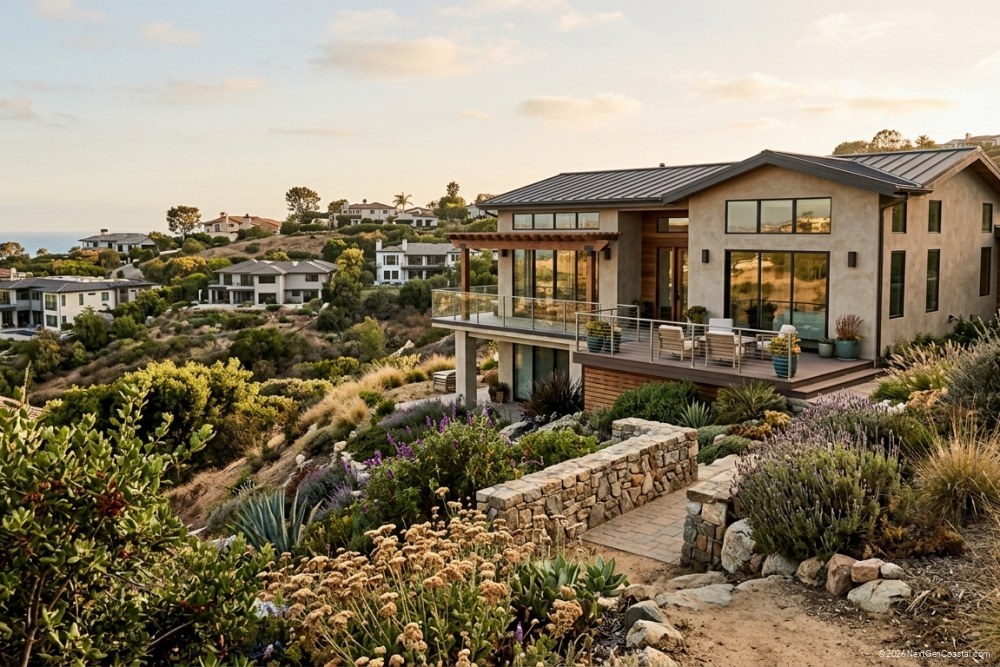 Photorealistic DSLR photograph of a hillside vacation rental home in Orange County with distant partial ocean view, contemporary architecture, no visible water in foreground