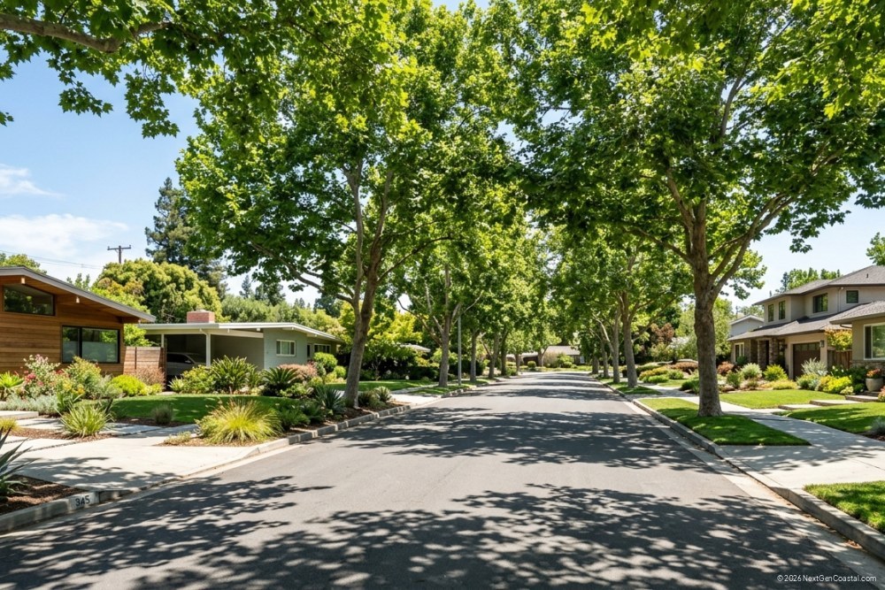 Photorealistic DSLR photograph of a tree-lined suburban California street with modern single-family vacation rental homes, no ocean visible, residential neighborhood setting